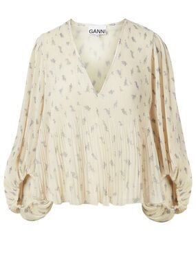 Ganni pleated georgette blouse puff sleeves, floral print in cream/lavender EU36